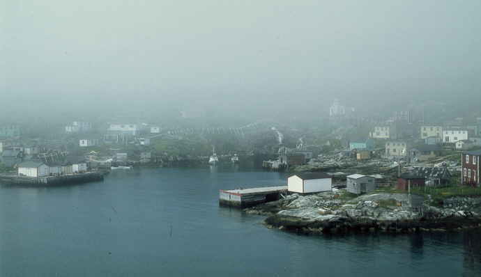 Isolated village of Grand Bruit on the south coast, usually in the fog in the summer. Twice a week a ferry comes bye.